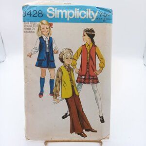 UNCUT Vintage Sewing PATTERN Simplicity 8428, Girls 1969 Vest Blouse Skirt